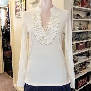 Long Sleeve White Ruffled Cartise Top NWOT Size M